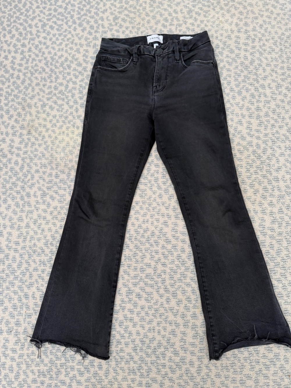 Frame Denim Black Flare Jeans with Raw Hem
